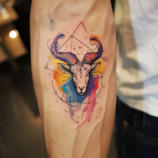 Abstract Aries constellation tattoo sketch with fluid shapes and vibrant colors