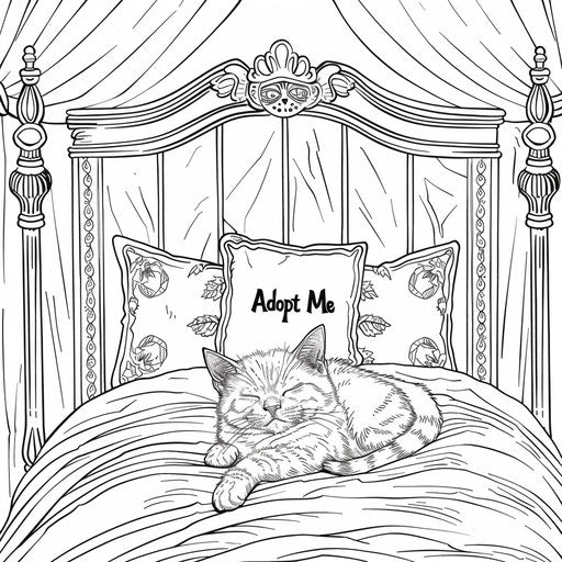 A kitten sleeping in a bed with an 'Adopt Me' pillow. Coloring book page