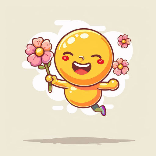 The cute yellow smiley flies with pink flowers