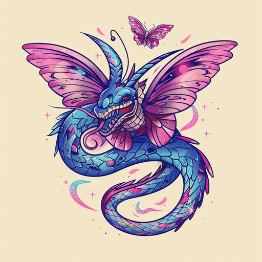 Playful flat tattoo sketch of a serpent with butterfly wings