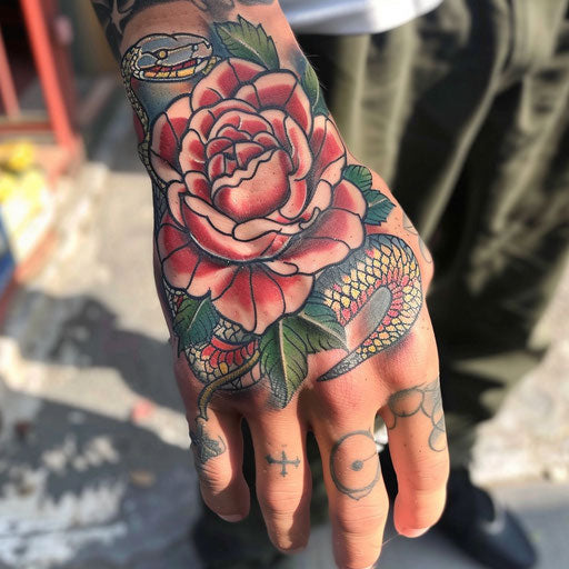 Rose hand tattoo in the style of Ed Hardy with a rose and snake intertwined