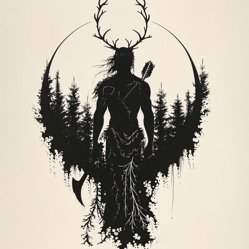 Stylized flat tattoo sketch of Artemis as a silhouette with forest elements