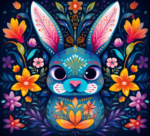 Bunny with bright colors in indigenous and linear motifs