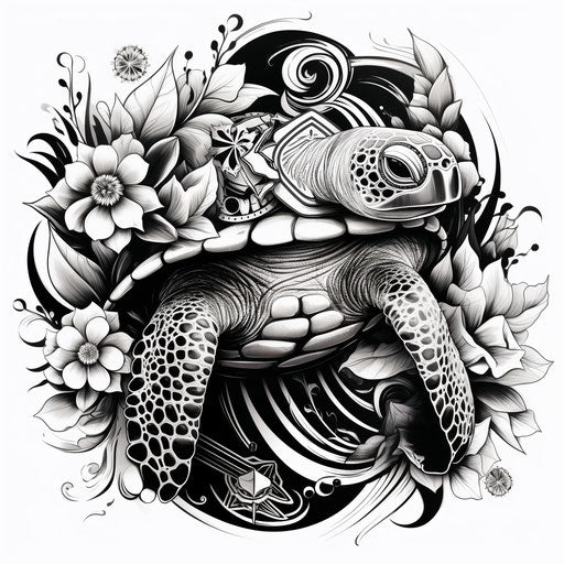 Tribal turtle with tropical hibiscus tattoo