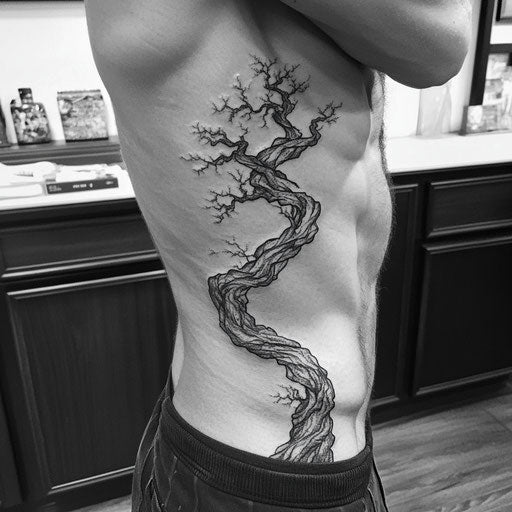 Men's tree tattoos with twisted branches