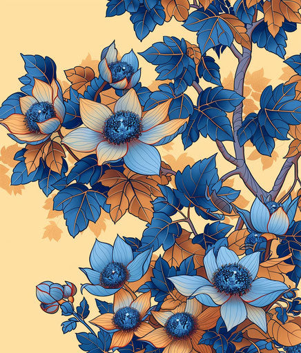 Blue leaves and flowers, traditional Japanese style in brown and blue