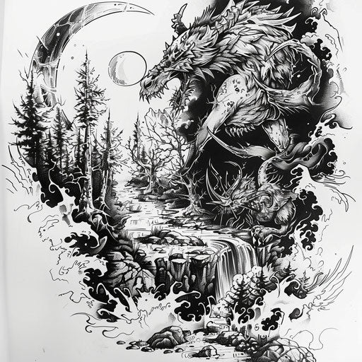 Artistic sketches of mythical creatures in a hellish landscape