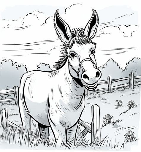 Donkey in field on farm coloring pages, light blue and black style, comic art