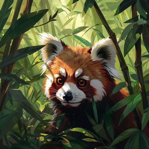 Curious red panda behind bush in green jungle
