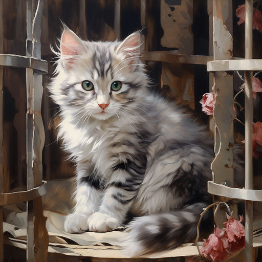 Grey kitten with scratch pile in cage, light maroon and white style, firmin baes, columns and totems, bloomcore, dappled, wavy, understated sophistication