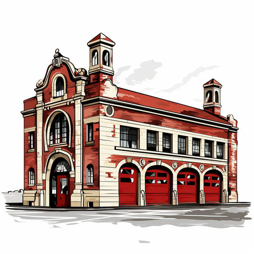 Fire station clipart in Chiaroscuro Art style on white background