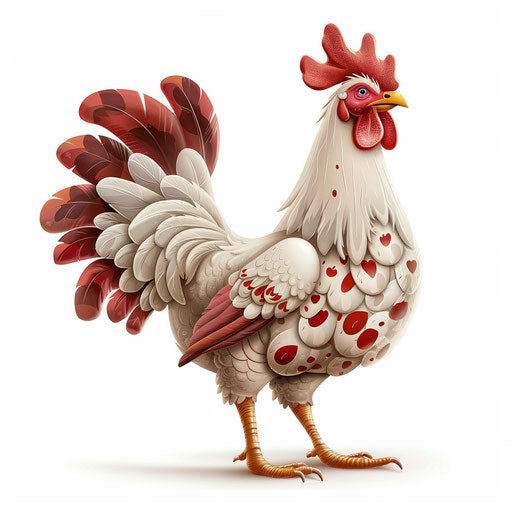 Realistic chicken clipart on flat white background, bright colors and high detail