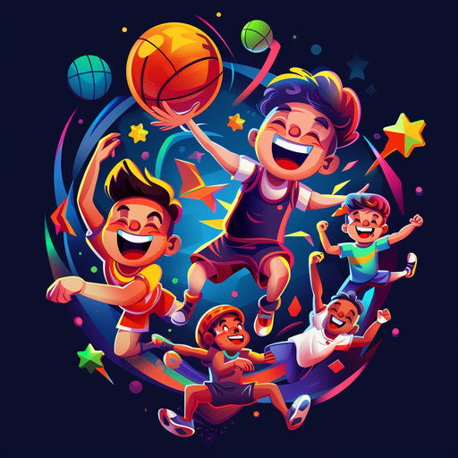 Sports-themed cartoon logo with energetic characters and bright colors