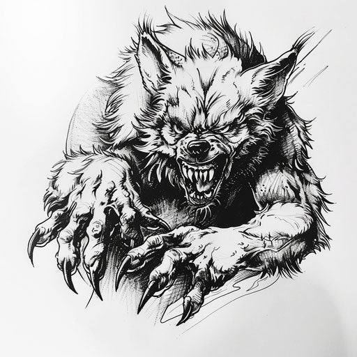 Fearsome werewolf transformation, detailed tattoo design