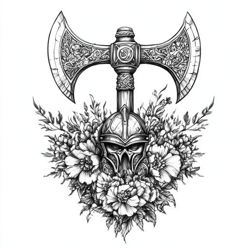 Viking sleeve tattoo sketch with axes and floral designs