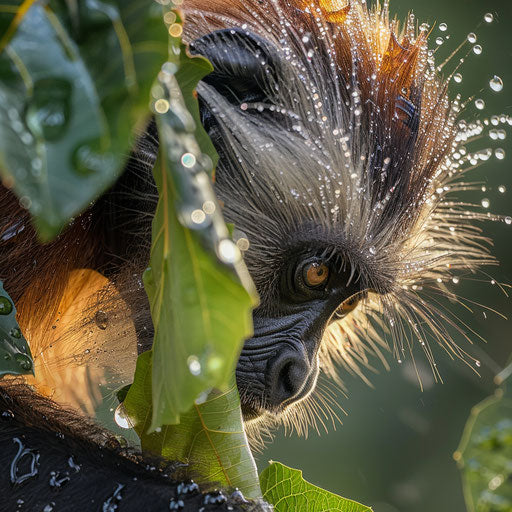 Zanzibar red colobus drinking from dew-filled leaf