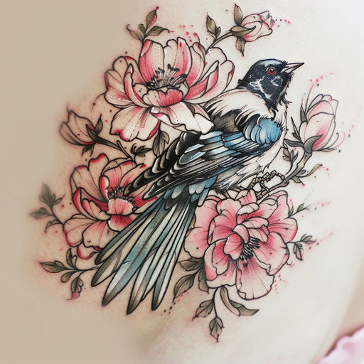 Elegant flat tattoo sketch with watercolor effects of a magpie amid peonies