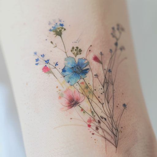 Minimalistic wildflower tattoos with a splash of watercolor