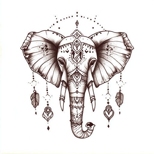 Small elephant tattoo with tribal jewelry on white background
