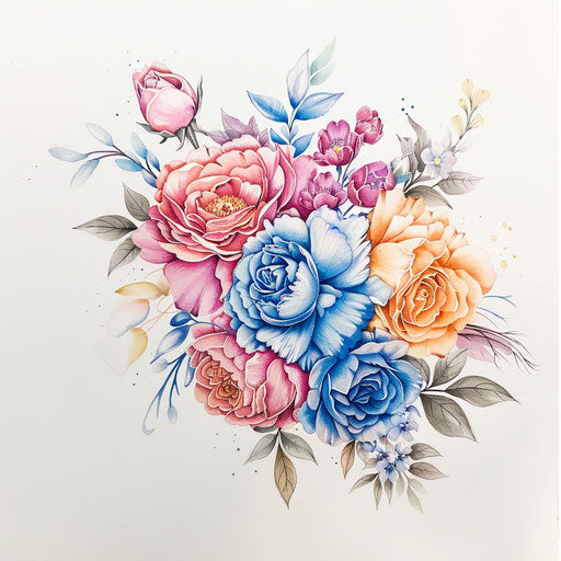 Elegant sketch of birth flower bouquet with roses and peonies in soft pastels