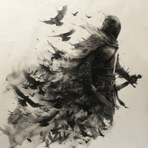 Avant-garde tattoo sketch of a knight dissolving into crows