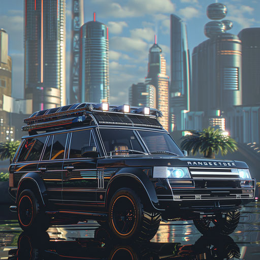 Eco-friendly 1995 Range Rover conversion with electric drivetrain and solar panels parked in a futuristic city