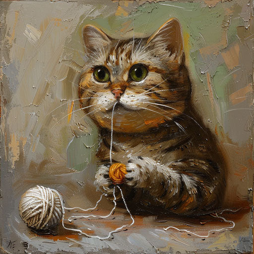 Chubby cat playing with yarn