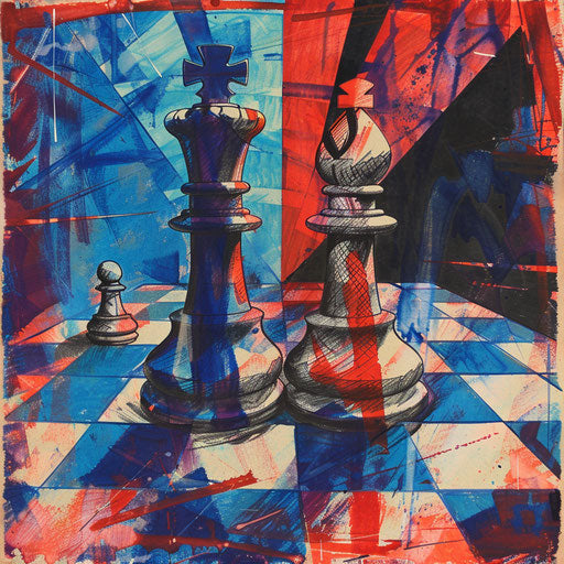 Dynamic flat tattoo sketch of a chessboard in mid-game, vivid blue and red