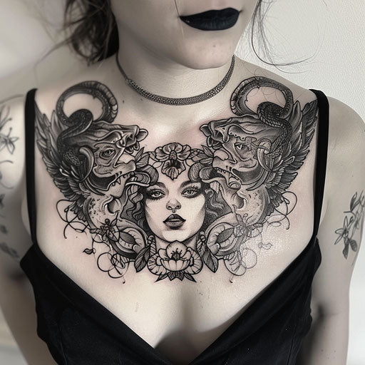 Fantastical chest tattoo with mythical creatures for women