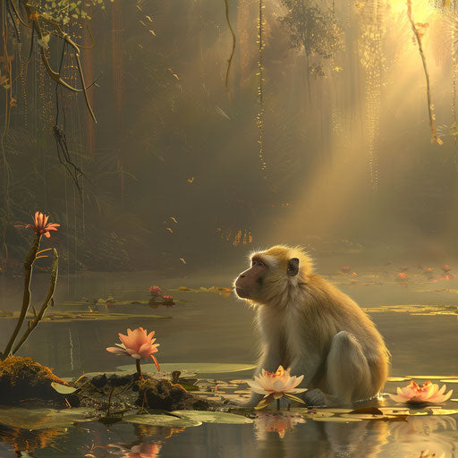 Rhesus monkey in a peaceful morning scene