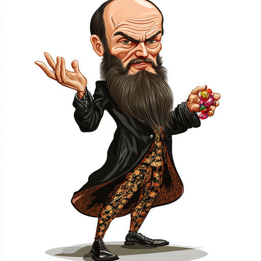 Humorous caricature of a Fyodor Dostoevsky clipart playing with a toy
