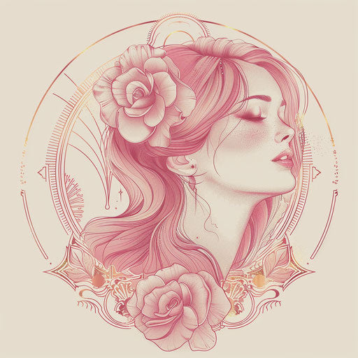 Elegant tattoo sketch of Venus in an Art Deco style with soft pink and gold hues