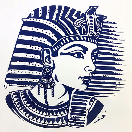 Egyptian motifs in dark blue on white