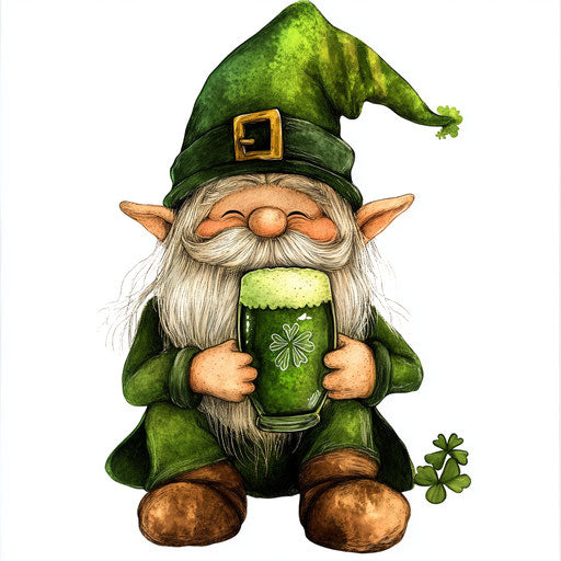 St Patrick's Day Gnome with green beer, clipart style white background
