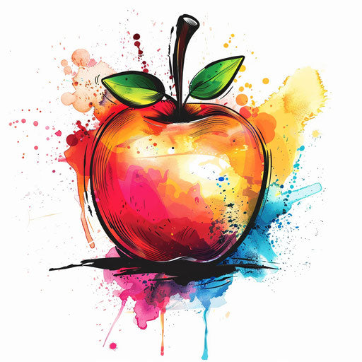 Vivid tattoo sketch of an apple with watercolor splashes