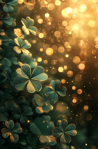 3D Glittering shamrock leaves with golden bokeh background, digital art
