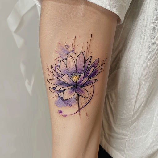 Impressionist tattoo sketch of an aster flower with brush strokes in a range of purple hues