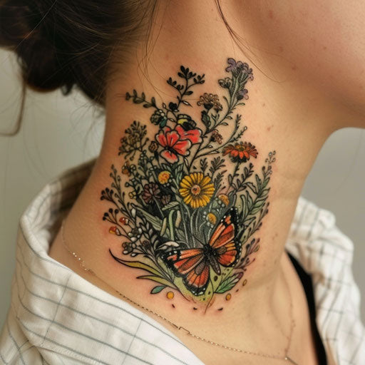 Side neck tattoos of a butterfly garden