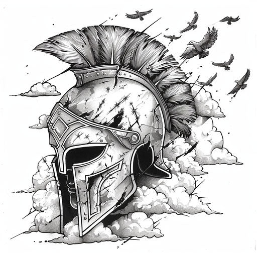 Dreamy spartan helmet tattoo sketch with floating clouds and flying birds