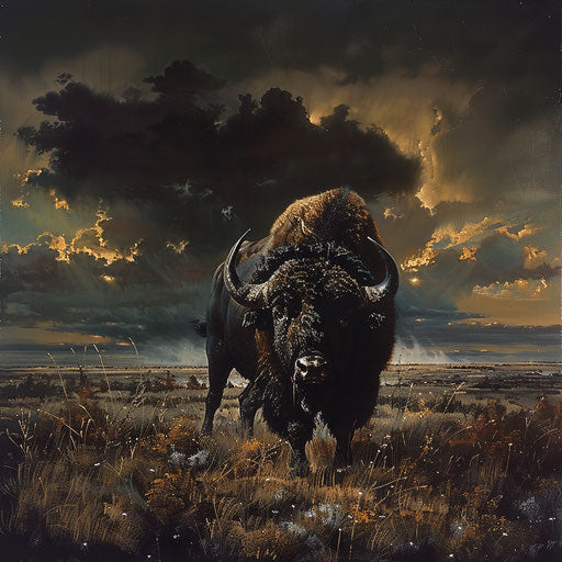 Buffalo in a dramatic landscape with intense lighting