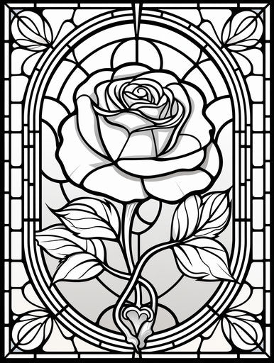 Stained glass rose coloring page, victorian style 3:4