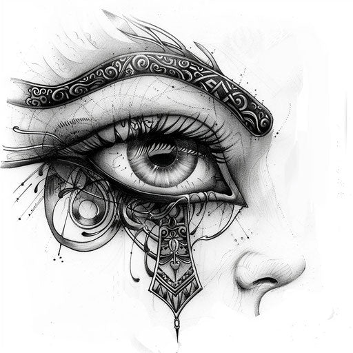 Monochromatic Eye of Horus tattoo concept, focusing on shades of grey and intricate patterns, against a white background.