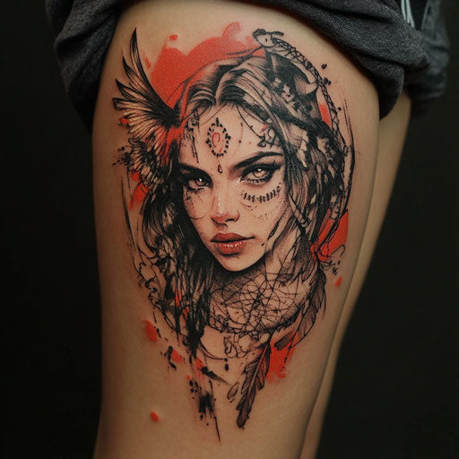 Daughter tattooed with a dreamcatcher adorned with a name on thigh