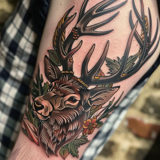 Majestic neo-traditional stag tattoo, antlers reaching upwards, deep browns and greens, on a white ground