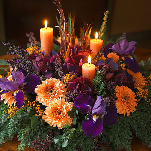 Thanksgiving centerpiece with purple irises and orange gerbera