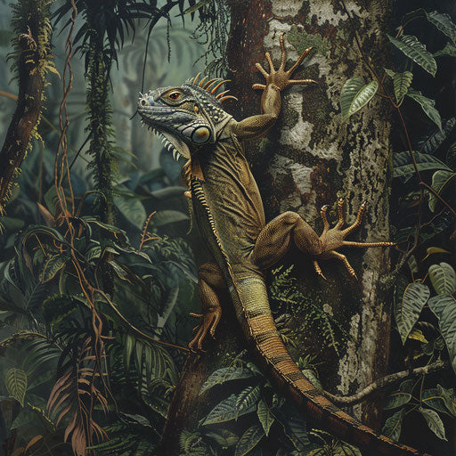 An iguana climbing a tree trunk in a dense jungle