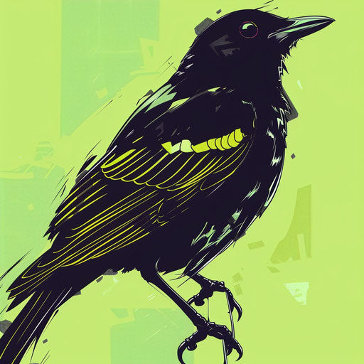 Bold and graphic tattoo sketch of a blackbird, clipart flat style with stark contrast and a pop of neon green