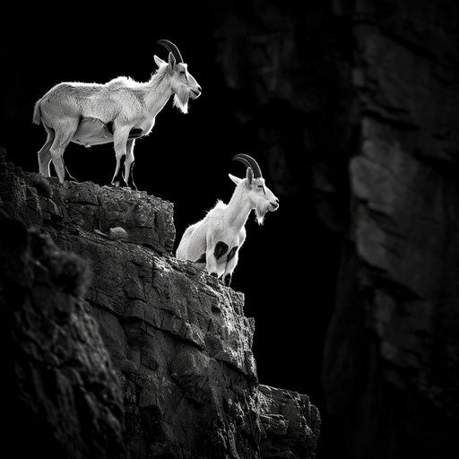 Mountain goats in black and white, high contrast