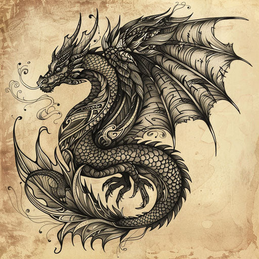 Neo-traditional flat tattoo sketch of a black dragon with ornate scales and wings