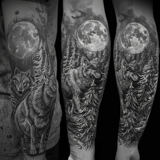 Realistic half sleeve tattoo with wolves and moon in black and gray
